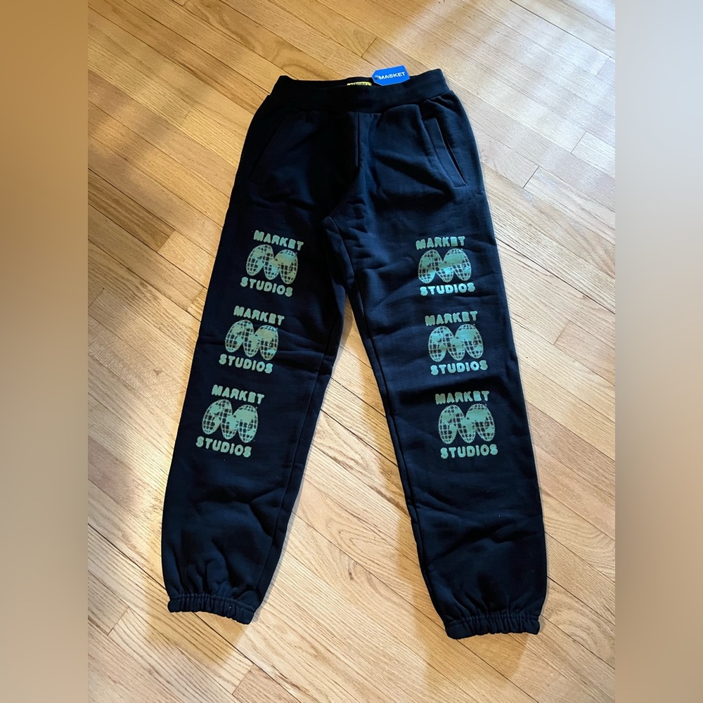 Market Studios Sweat Pants.Black and Green Joggers with Graphic Prints